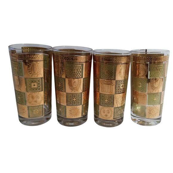 4 Georges Briard Green 22K Gold Celestial Bar Highball Glasses Greco Roman - Picture 7 of 9